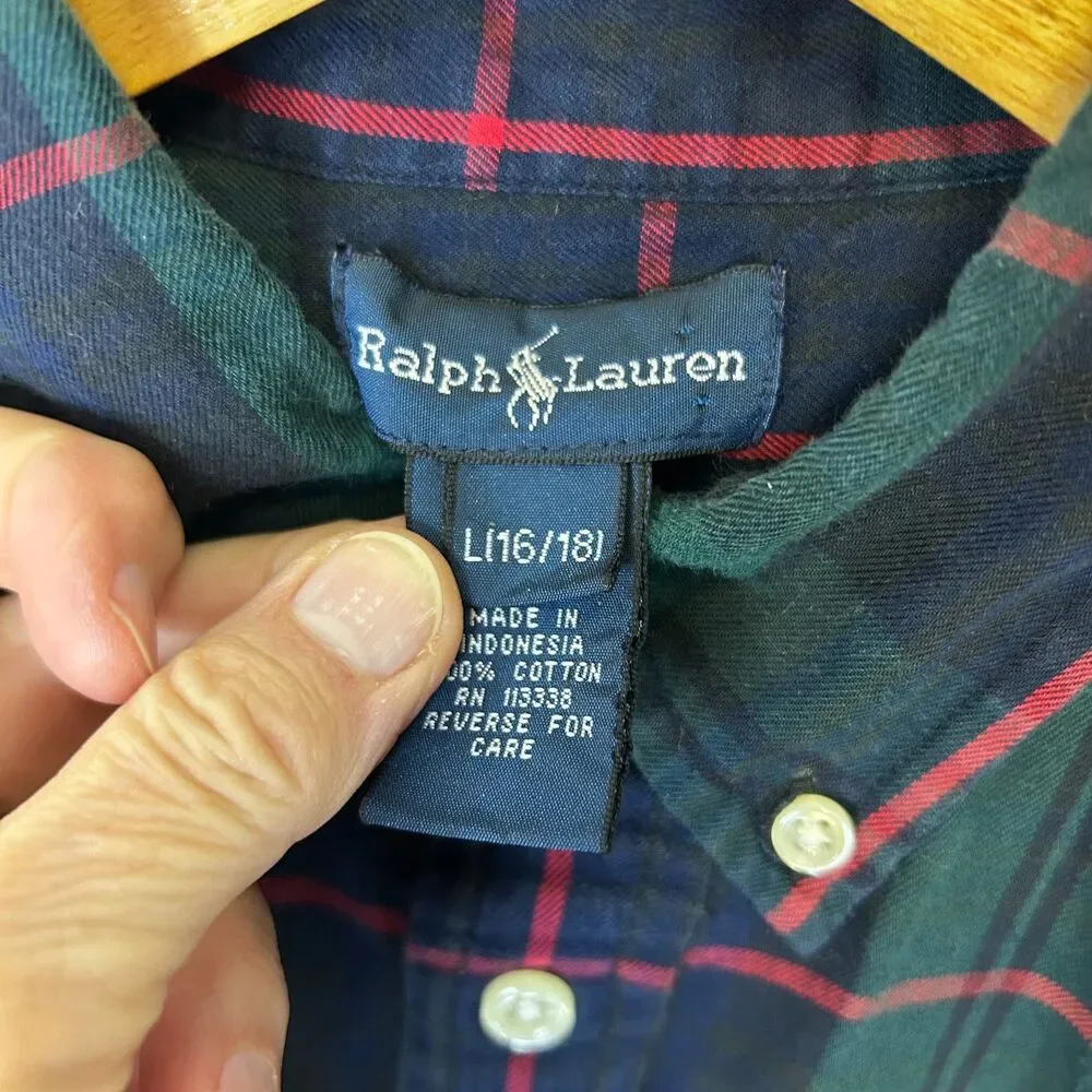 Ralph Lauren Boy's Green Blue Red Tartan Plaid Button-Down LS Shirt Sz L (16-18)